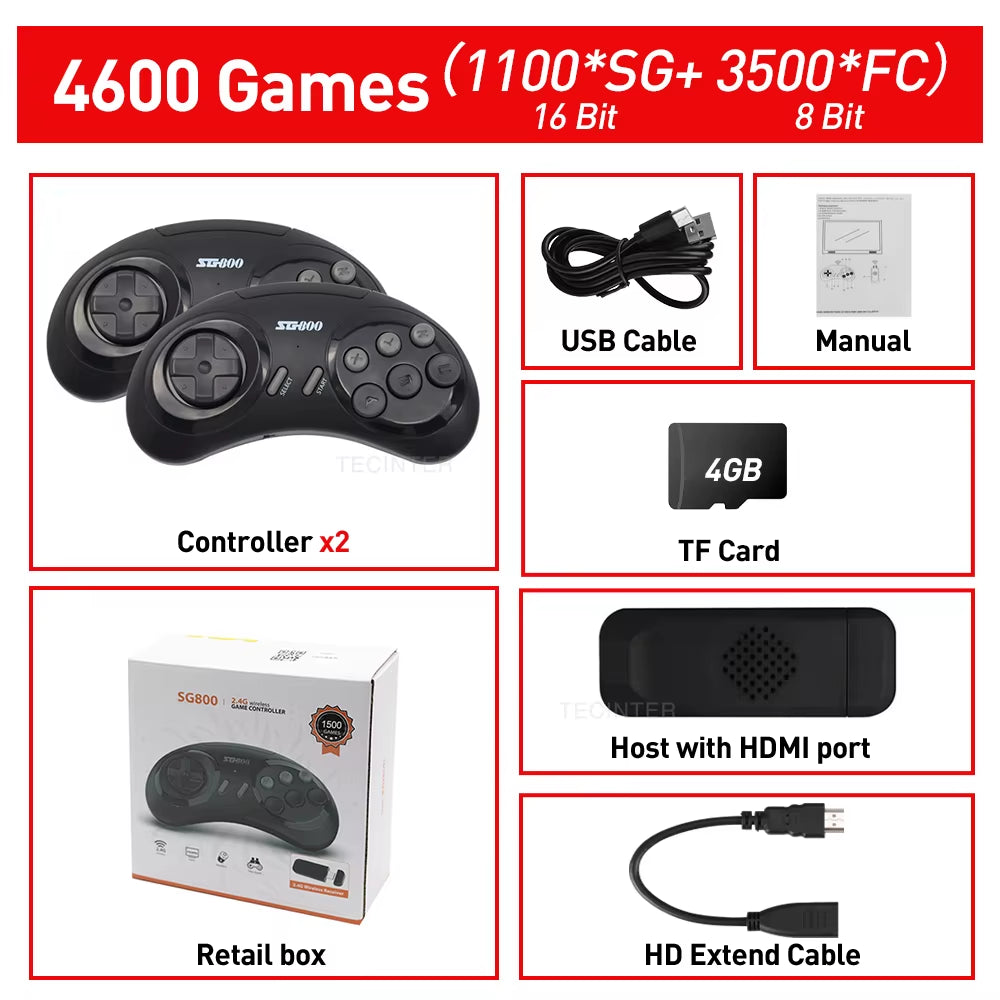 4K SG800 Retro Game Console for Sega Genesis Built-In 4600 Classic Games Controller Gamepad Video Game Stick with TV HD