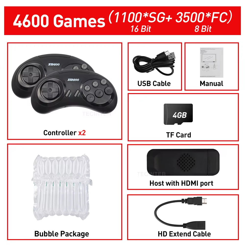 4K SG800 Retro Game Console for Sega Genesis Built-In 4600 Classic Games Controller Gamepad Video Game Stick with TV HD