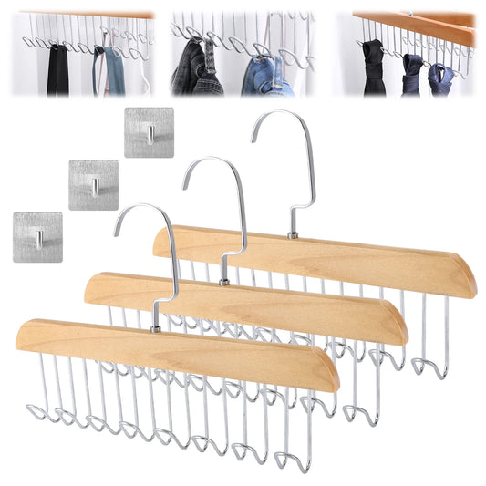 3 Pack Belt and Bra Hangers with Hooks, Space Saving Bra Hangers for Closet and Laundry, 360 Degree Rotating Wooden Tie Hanger with 8 Hooks for Tank Top,Jeans,Scarf(Nature)